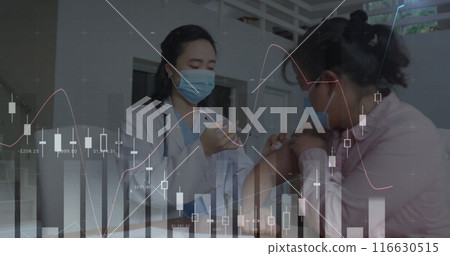 Image of scientific data processing over asian female doctor vaccinating Image of scientific data processing over asian female doctor vaccinating 116630515