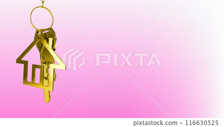 Image of hanging golden house keys against pink gradient background with copy space Image of hanging golden house keys against pink gradient background with copy space 116630525