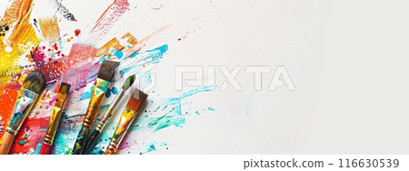 Set of different dirty paint brushes with gouache isolated on white. Composition of colorful painting brushes with paint strokes, smear smudge. Concept of hobby and creativity. Long banner, copy space 116630539
