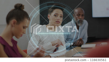 Image of cyber security text and fingerprint scanner over biracial woman discussing at office Image of cyber security text and fingerprint scanner over biracial woman discussing at office 116630561