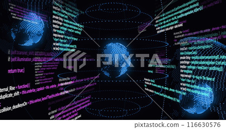 Image of data processing and light trails spinning over three globe icons on black background 116630576
