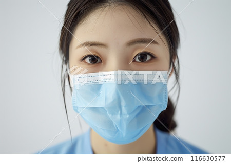 Close up portrait of asian female doctor or scientist wearing medical protective facial mask over grey background. Eye of young woman physician, nurse. Medicine, profession and healthcare concept 116630577