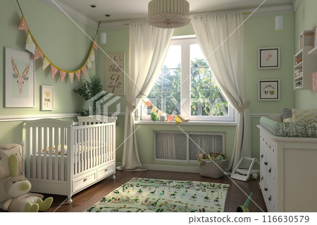 Baby room interior. Kids room at green color. Decorated walls, baby goods. Light children's bedroom with chest, crib and table. Scandinavian Modern nursery. Cozy Cradle Bed. Childish Room. Cosy Home 116630579