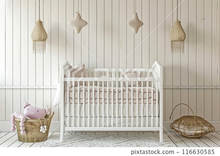 Baby room interior. Kids room at white color. Decorated walls, baby goods. Light children's bedroom with chest, crib and table. Scandinavian Modern nursery. Cozy Cradle Bed. Childish Room. Cosy Home 116630585