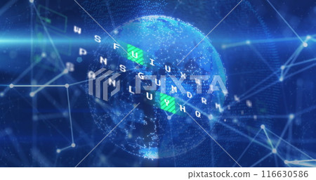 Image of data processing and network of connections over spinning globe against blue background 116630586