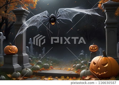 Halloween card, blank space for text, pumpkin, autumn leaves 116630587