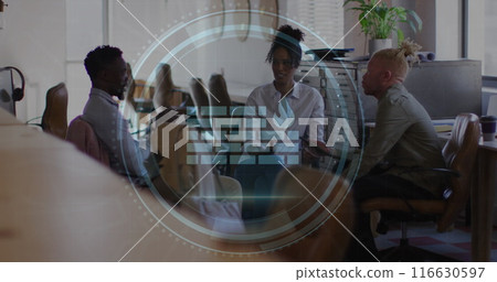 Image of cyber security text and firewall icon over diverse colleagues discussing at office Image of cyber security text and firewall icon over diverse colleagues discussing at office 116630597