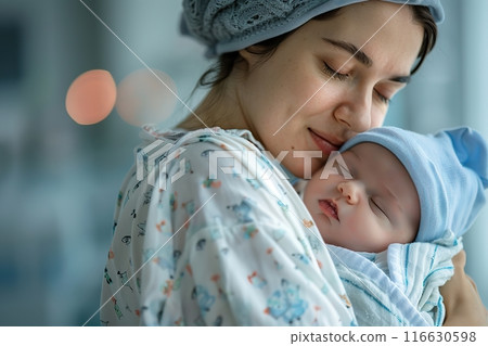 Loving mother hugs little baby at home. Pretty woman holding cuddling newborn child in her arms. Happy family together. Young mom carrying kissing small infant on hands. Knitted warm winter clothes 116630598