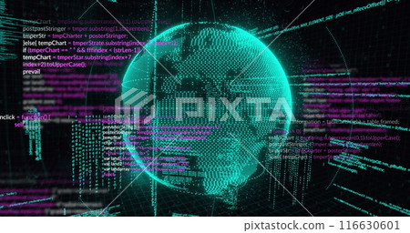 Image of data processing over spinning globe against black background Image of data processing over spinning globe against black background 116630601
