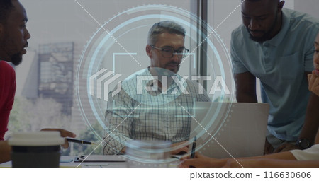 Image of cyber security text and retina scanner over diverse colleagues discussing at office 116630606