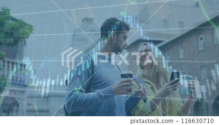 Image of graphs with changing numbers over caucasian couple talking while drinking coffee 116630710