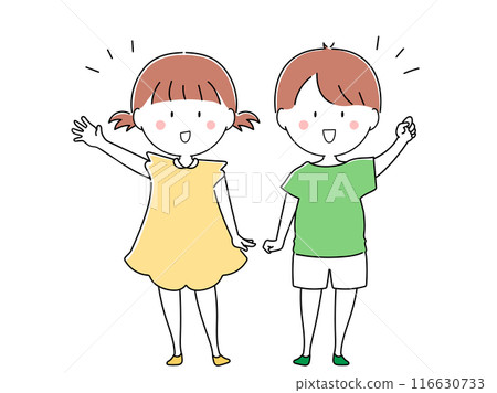 A set of young children, boys and girls, greeting cheerfully 116630733