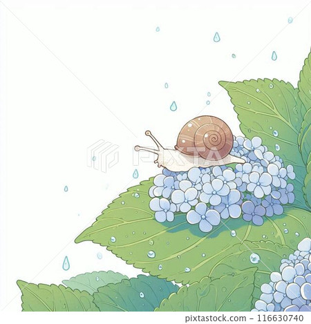 A snail on a blue hydrangea with rain, white background. AI generated material 116630740
