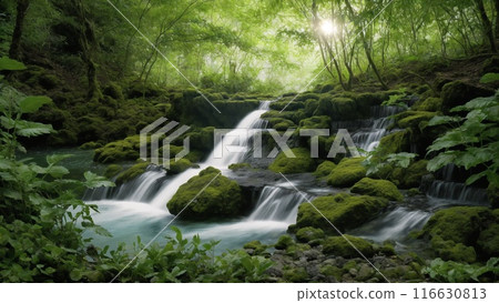 森林中清澈的溪流和陽光透過的深綠色植物濺起水花。 116630813