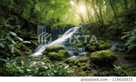 清澈的溪流流過茂密的森林，濺起的浪花 116630815