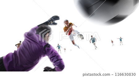 Soccer with white background. Soccer isolated. Group isolate. Soccer players playing with white background. Soccer players in action Soccer with white background. Soccer isolated. Group isolate. Soccer players playing with white background. Soccer players in action 116630830