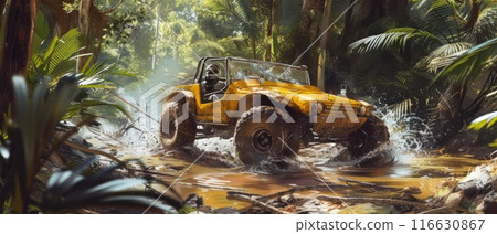 A buggy rides at through the jungle. Extreme. Splashes, dirt, branches, stones. Off-road racing. Auto-sport. Generative ai. Jungle. Sport A buggy rides at through the jungle. Extreme. Splashes, dirt, branches, stones. Off-road racing. Auto-sport. Generative ai. Jungle. Sport 116630867