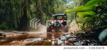 A buggy rides at through the jungle. Extreme. Splashes, dirt, branches, stones. Off-road racing. Auto-sport. Generative ai. Jungle. Sport 116630876