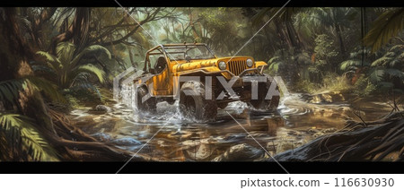 A buggy rides at through the jungle. Extreme. Splashes, dirt, branches, stones. Off-road racing. Auto-sport. Generative ai. Jungle. Sport A buggy rides at through the jungle. Extreme. Splashes, dirt, branches, stones. Off-road racing. Auto-sport. Generative ai. Jungle. Sport 116630930