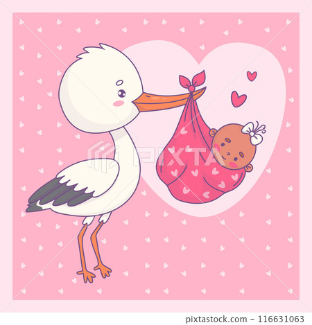 Cute white stork and newborn baby black ethnic girl arrival. Cool square card. Kids collection. Vector illustration. 116631063