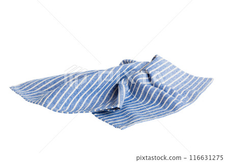 Blue textile napkin isolated on white background. Folded decorative kitchen cotton towel. Top view Blue textile napkin isolated on white background. Folded decorative kitchen cotton towel. Top view 116631275