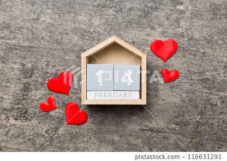 Valentine Day theme with wooden block calendar. Greeting card template for Valentines Day copy space for text 116631291