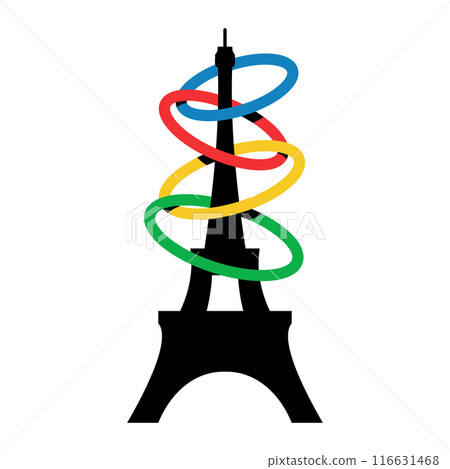 France 2024. French Eifel Tower in Paris. Symbol of sports games. Illustration of colored rings. Summer games vector logo. 116631468