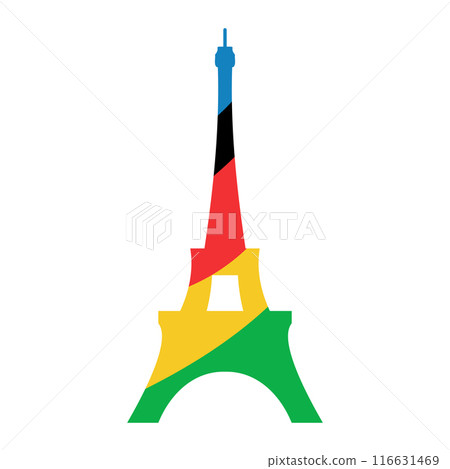 France 2024. French Eifel Tower in Paris. Symbol of sports games. Illustration of colored rings. Summer games vector logo. France 2024. French Eifel Tower in Paris. Symbol of sports games. Illustration of colored rings. Summer games vector logo. 116631469