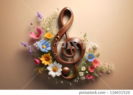 abstract musical background with musical treble clef and flowers 116631520
