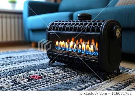 Small gas heater in the room. Gas boiler flame close-up. Small pilot flame for gas oven. Constant blue flame to ignite the main burners behind the safety grill. Fantasy. Humor. Copy space 116631792