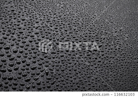 Clear side view of water drops after raining day on dark cover background 116632103