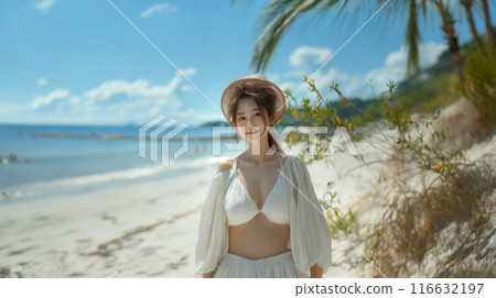 在沙灘上放鬆的女人 在沙灘上放鬆的女人 116632197