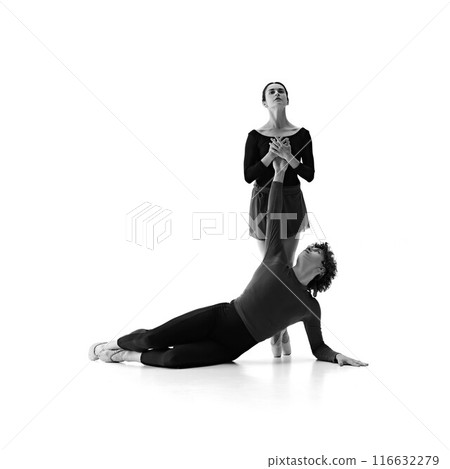Ballet partners in powerful pose shows strength, balance, and grace in their synchronized training against white studio background. Sepia filter. Ballet partners in powerful pose shows strength, balance, and grace in their synchronized training against white studio background. Sepia filter. 116632279