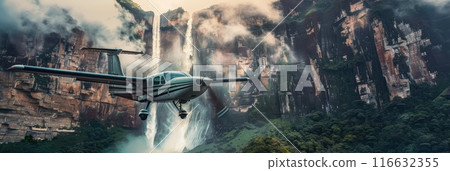 Small white airplane flies over mountainous landscape with green vegetation. Majestic mountain range provides contrast to airplane color. Perfect for travel agency and tours. Small white airplane flies over mountainous landscape with green vegetation. Majestic mountain range provides contrast to airplane color. Perfect for travel agency and tours. 116632355