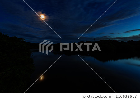 Summer 2024 Clouds passing over Nunome Dam Lake and the changing reflections on the lake surface From before sunset to the night view #152 116632618