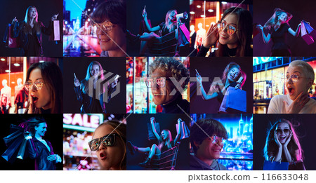 Collage. Different young people, men and women expressing excitement and happiness, doing shopping during big sales 116633048