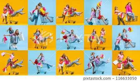 Happy and excited young women on shopping trolleys with many colorful shopping bag. Big sales, shopaholic emotions 116633050