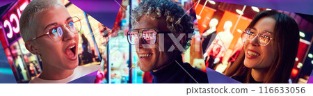 Collage. Emotional and excited people standing outdoors in the evening with reflection of word sale in their glasses. 116633056
