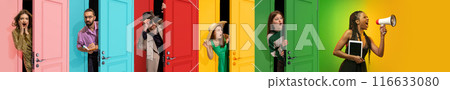 Vibrant collage with different young emotional people peeking out colorful doors with excitement. Big sales season announcement Vibrant collage with different young emotional people peeking out colorful doors with excitement. Big sales season announcement 116633080