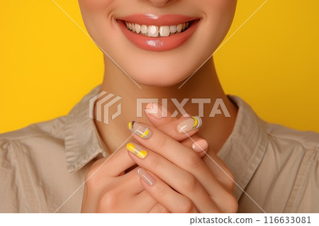 Smiling Japanese woman with vibrant nail art (colorful, fashion, beauty) 116633081