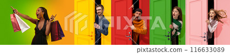 Vibrant collage with different young emotional people peeking out colorful doors with excitement. Big sales season 116633089