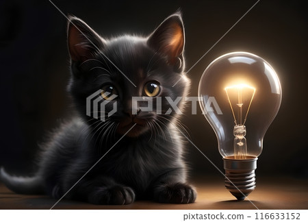 cute kitten sitting in complete darkness with a light bulb 116633152