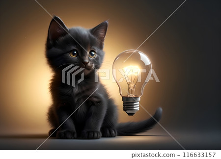 cute kitten sitting in complete darkness with a light bulb 116633157