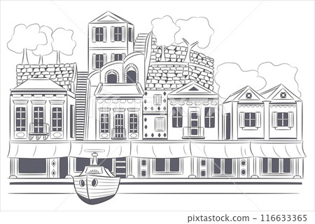 Black and white drawing of traditional Greek houses on the shore, Symi, Greece Black and white drawing of traditional Greek houses on the shore, Symi, Greece 116633365