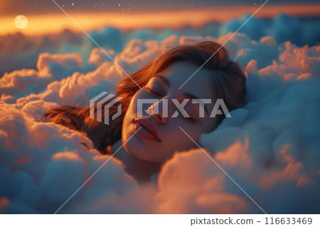 Dreamy image of a woman peacefully sleeping among fluffy clouds, bathed in soft, warm light. The serene and surreal atmosphere, with a glowing moon and starry sky, creates a magical, tranquil scene. 116633469