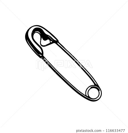 Metal chrome safety pin. Punk rock sticker drawn on white background. Printable flat vector illustration Metal chrome safety pin. Punk rock sticker drawn on white background. Printable flat vector illustration 116633477