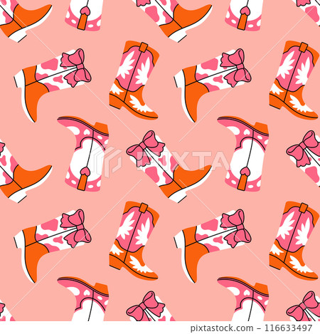 Retro seamless pattern with different cowgirl boots. Coquette core. Cowboy western and wild west theme. Wild West fashion style vector for invitation, wrapping paper, packaging etc. 116633497