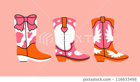 Collection of retro Cowboy fashion print with Cowgirl boots. Art vintage preppy set. Cowboy western and wild west theme. Hand drawn vector illustrartion. Collection of retro Cowboy fashion print with Cowgirl boots. Art vintage preppy set. Cowboy western and wild west theme. Hand drawn vector illustrartion. 116633498