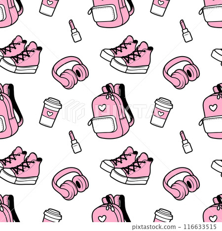 Backpack with a heart, paper cup of coffee, lipstick, headphones, sneakers. Fashionable vector seamless pattern for textile, fabric, wallpaper, wrapping 116633515