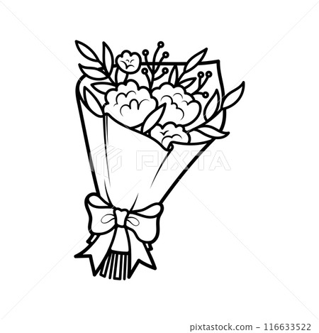 Romantic bouquet of flowers tied with a bow. Holiday gift. Doodle. Vector botanical illustration isolated on white background. 116633522